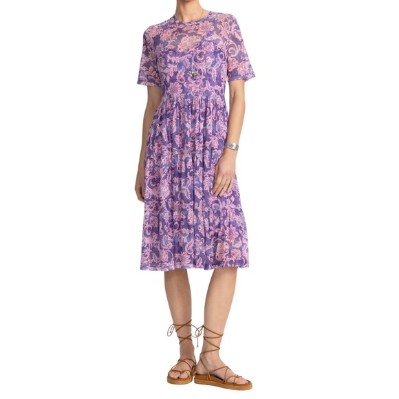 JOHNNY WAS Floral Midi Dress Purple Florentina Sz M & L Mesh Tiered A Line Boho - Picture 8 of 9